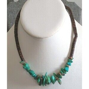 Turquoise Chunk Coconut Heshi Bead Silver Tone Vintage Necklace